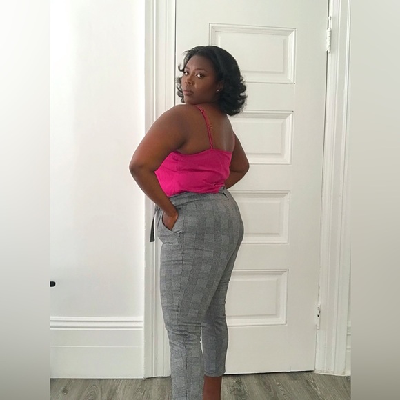 Grey Tie Belt Stretchy Plaid Capri Pants With Pockets Elastic WaistBand - Picture 4 of 6